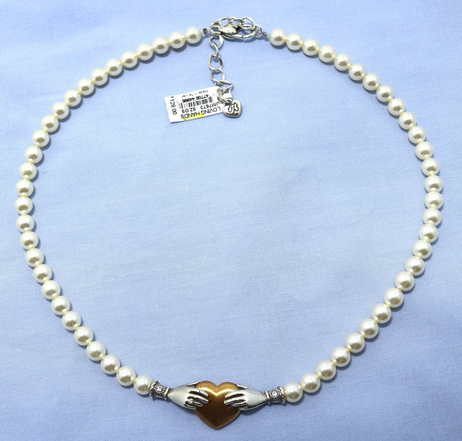 Brighton LOVING HANDS NWT $128 Pearl & Gold Heart Crystal Beaded Necklace