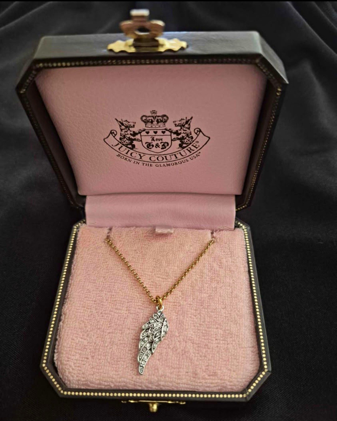 Juicy Couture Gold Plated Cable Chain Angel Wing Clear Crystal Pendant