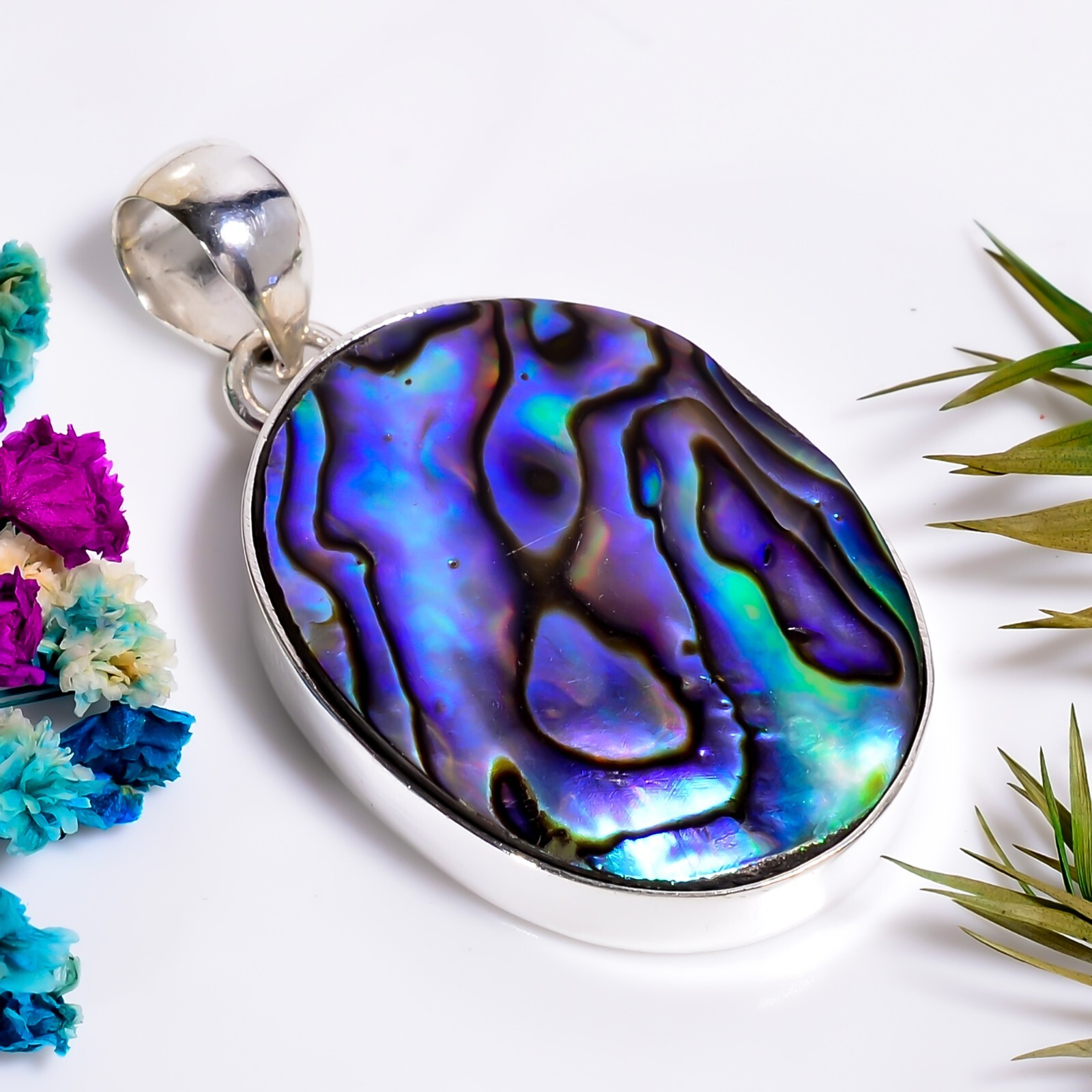 Abalone Shell Gemstone Ethnic Handmade Jewelry.925 Silver Pendant