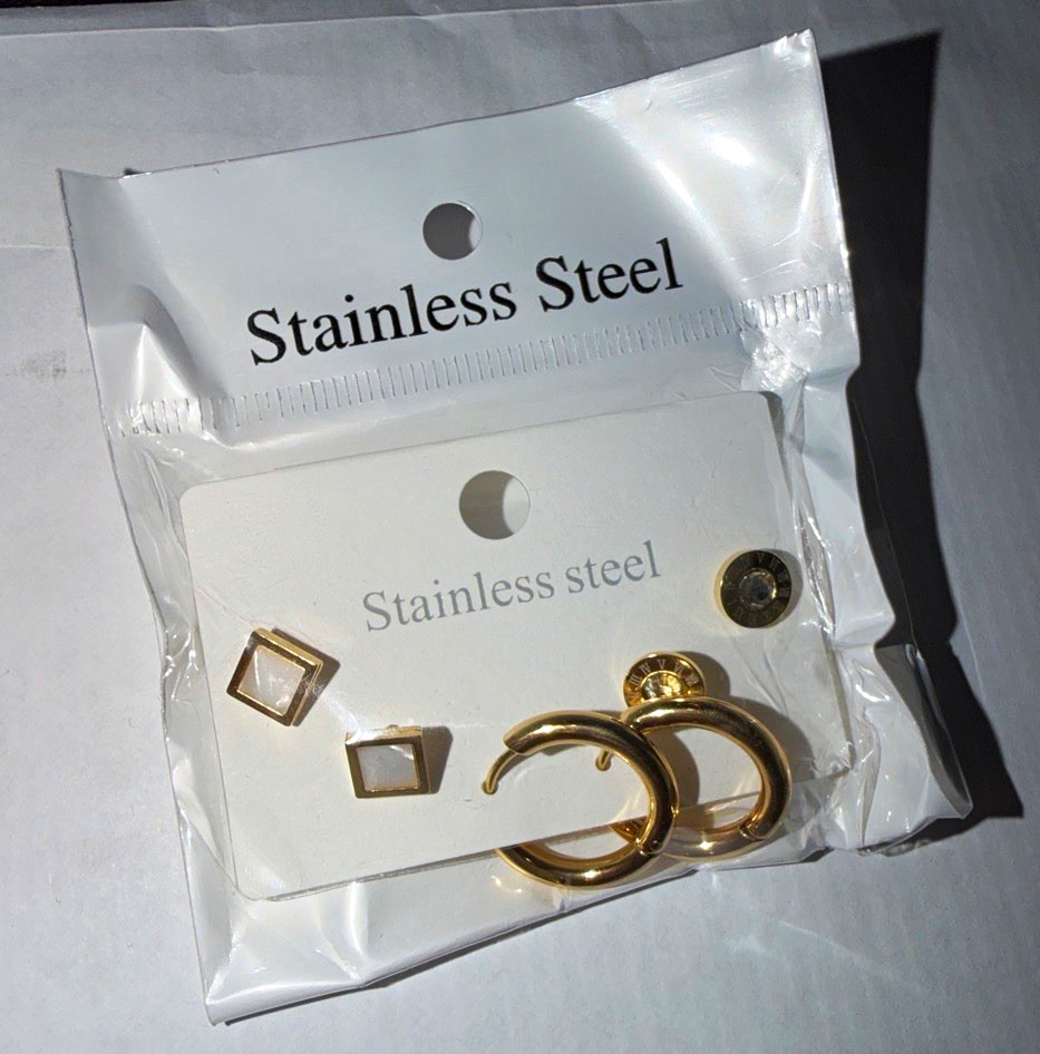 Stainless Steel Gold Tone Hoop & Square CZ Stud Earrings Set, Latch Back
