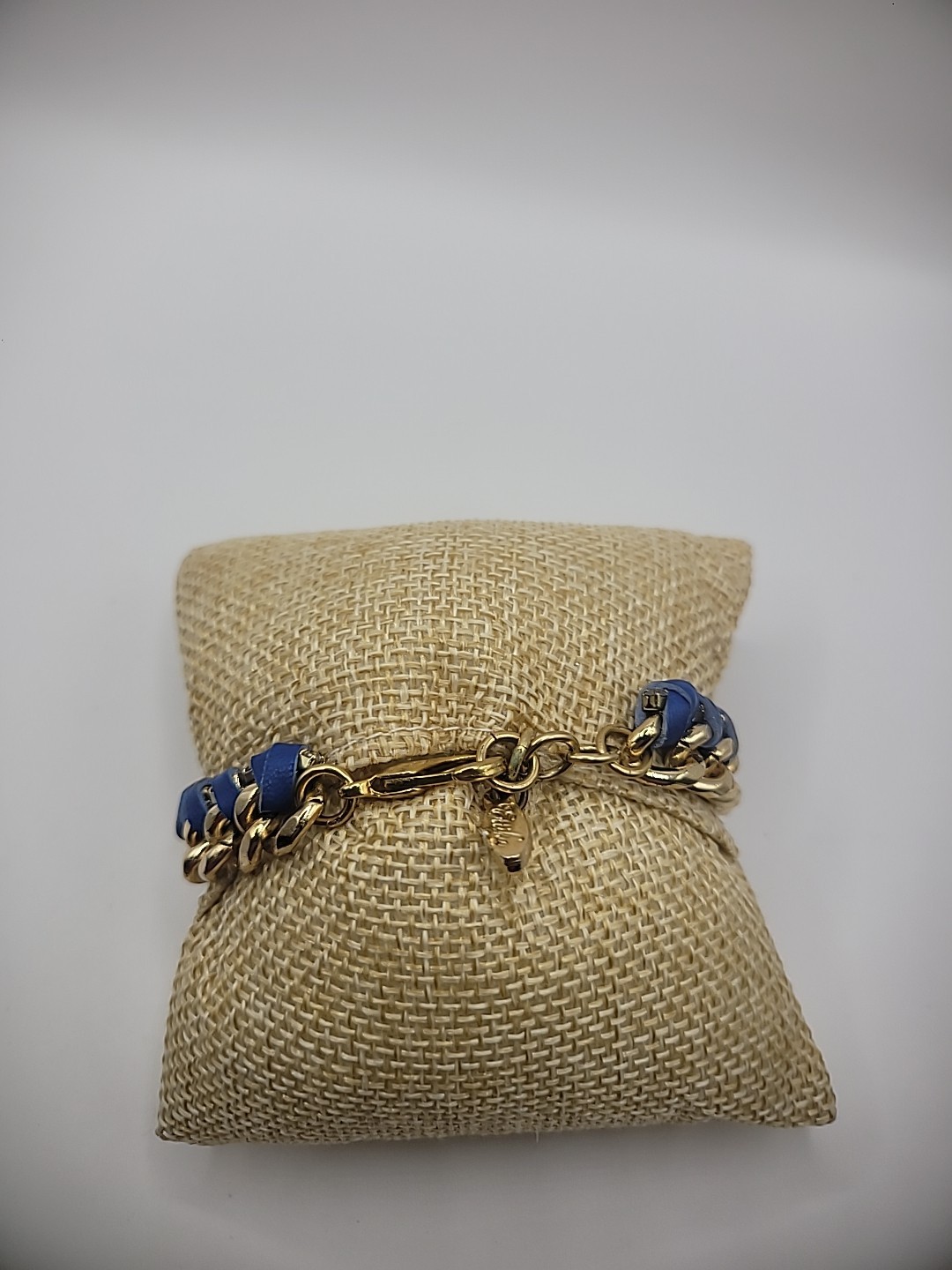 Vintage Ettika Bracelet Gold Tone Chain Leather Braided Blue Purple Jewelry