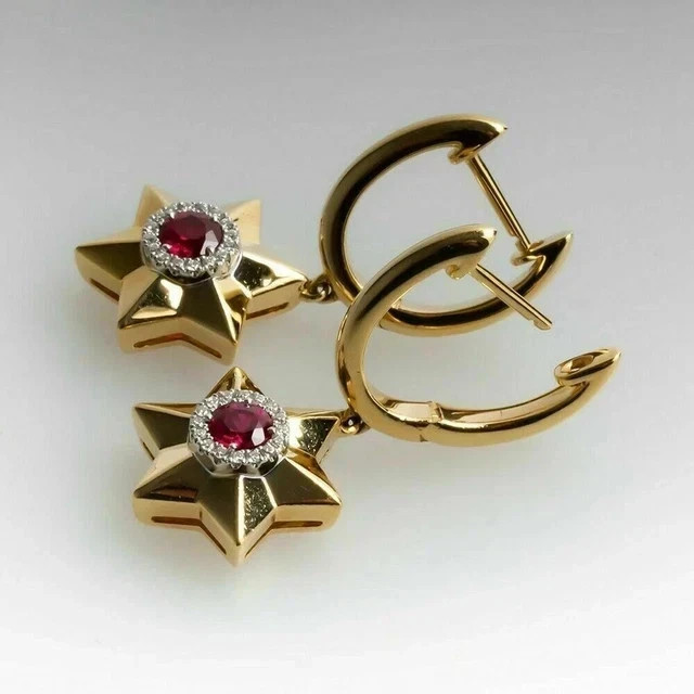 Dangle Star Earrings Simulated Round Ruby 925 Silver 14K Yellow Gold Plated