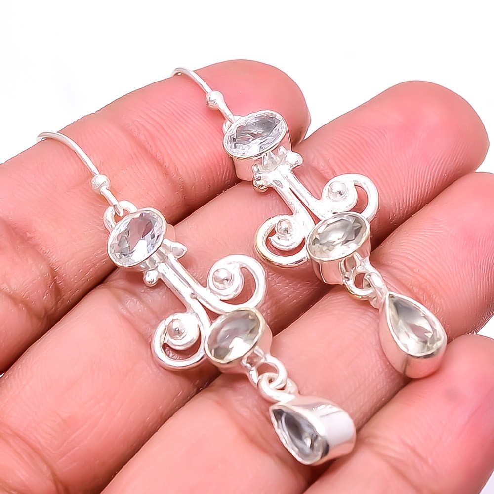 White Topaz Multi Collet 925 Sterling Silver Earring 2.15″ E2, Christmas Gift