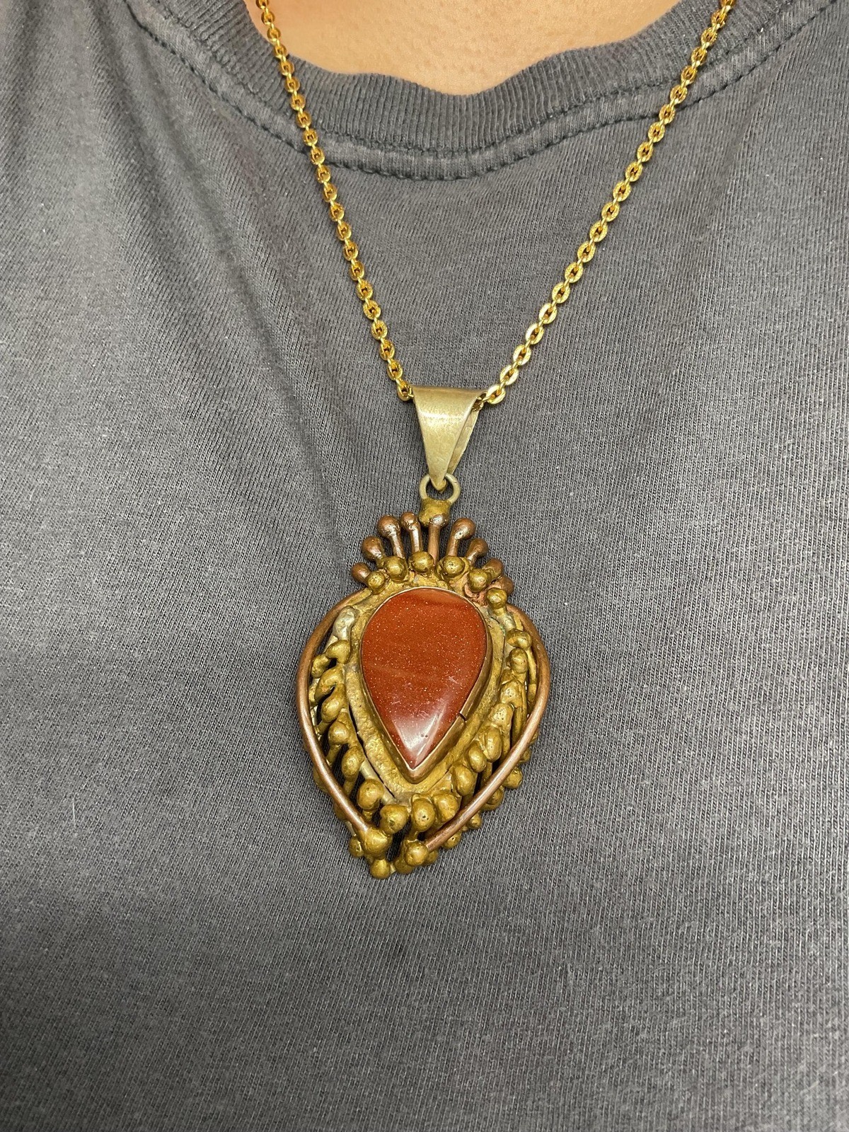 0255# Unusual Artisan Brass bronze Red Goldstone pendant only-