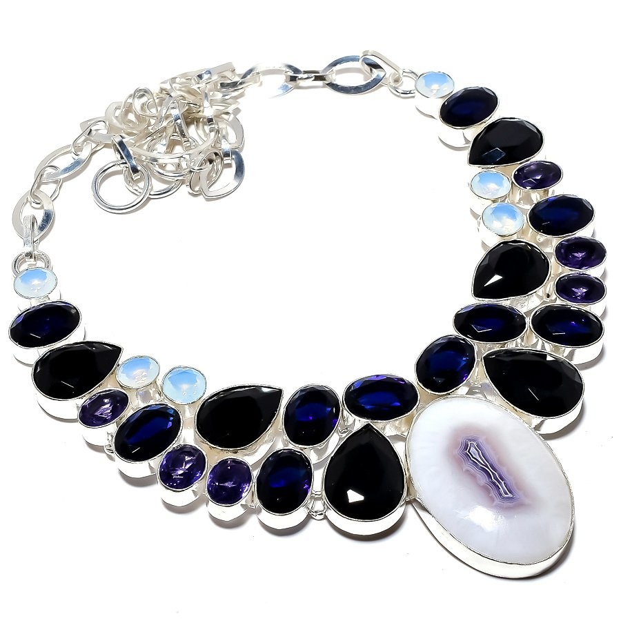 Solar Quartz Drusy & Sapphire Simulated 925 Silver Plated Necklace 16-18″M1496