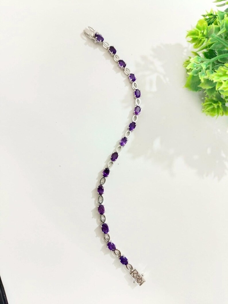 Amethyst Tennis Bracelet, 925 Sterling Silver, Natural Oval Gemstone Jewelry