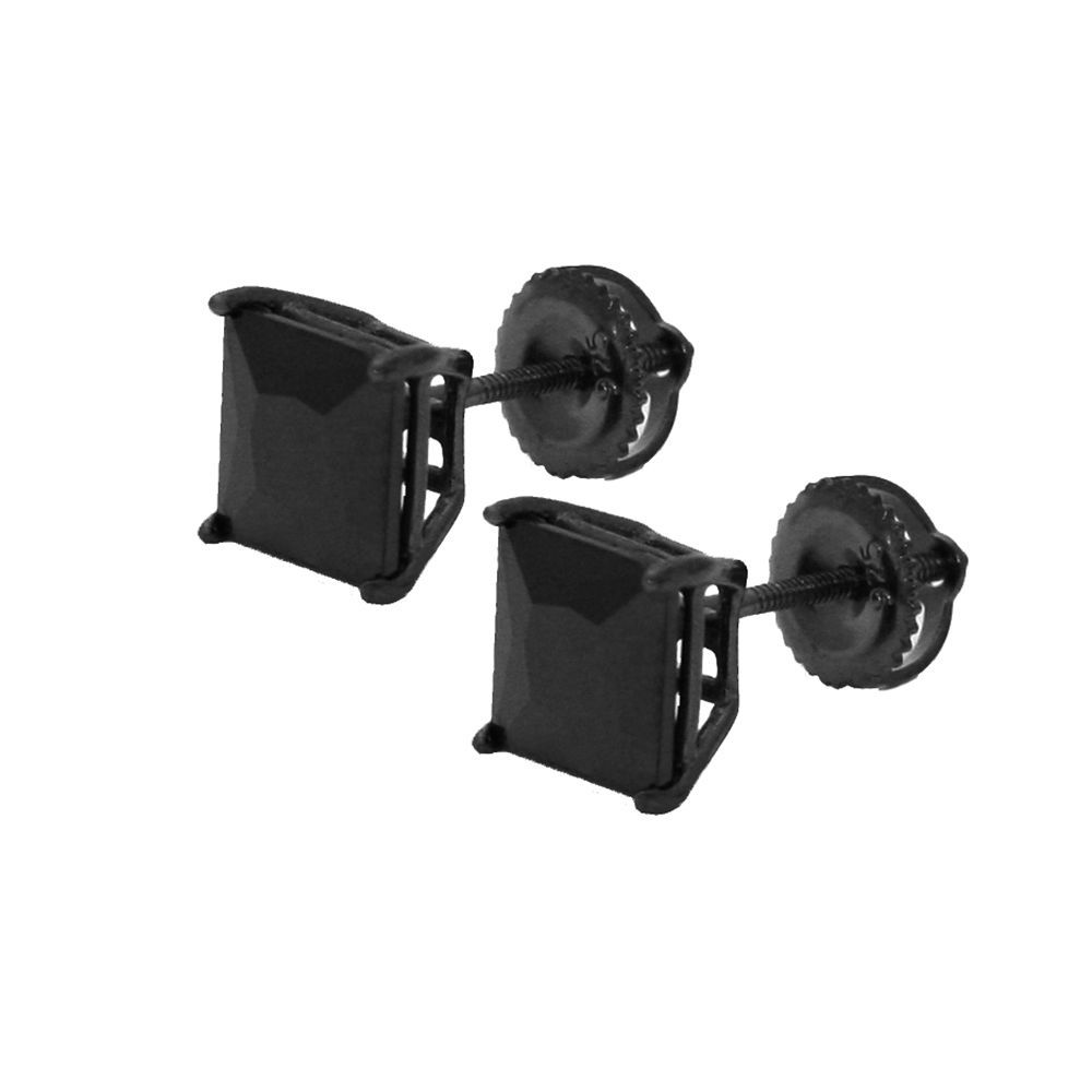 Men Square Small Black Onyx Sterling Silver Princess Cut Screw Back Earrings