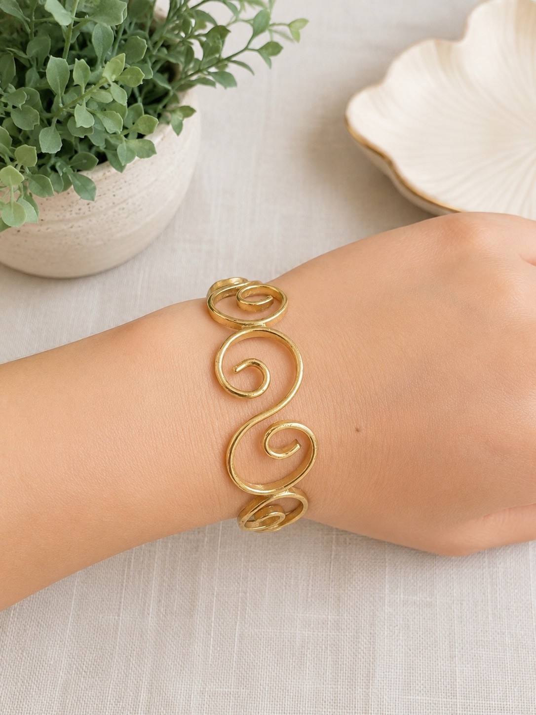 Gold Tone Open Cuff Bracelet Modern Swirl Spiral Statement Bangle Minimalist