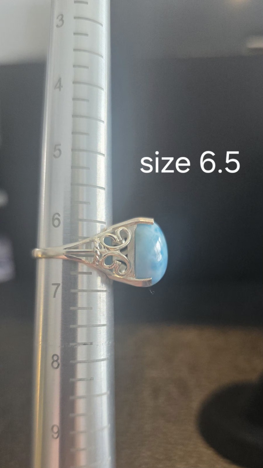 Larimar Blue Cabochon Cocktail Ring Silver Prong Setting Round Size 6.5