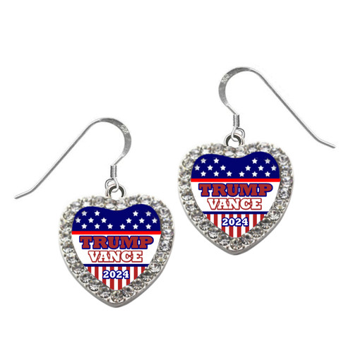 TRUMP / VANCE 2024 Heart Rhinestone Earrings on .925 J Hooks (Stamped .925)