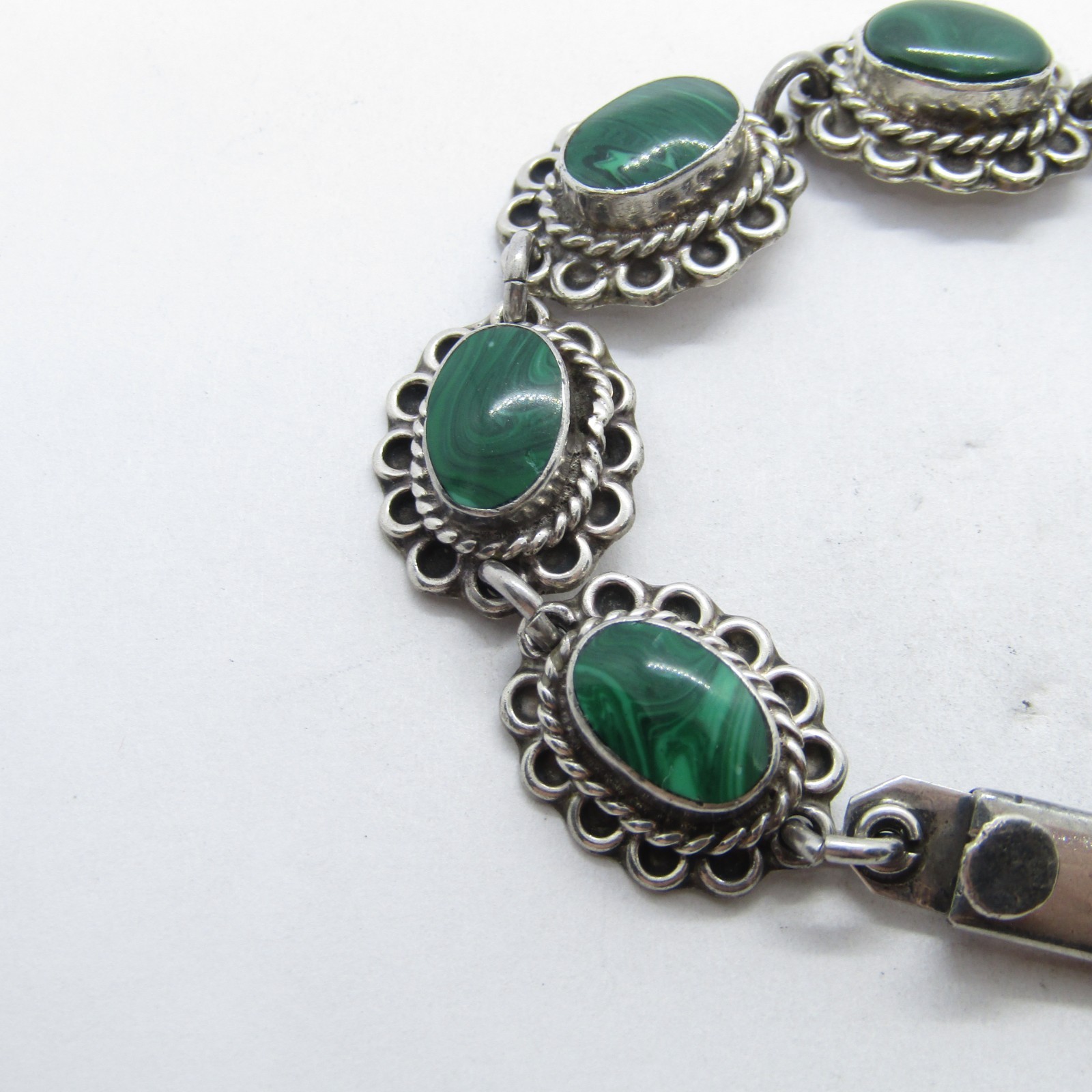 CRD TR-63 Mexico Sterling Silver 925 Malachite Flower Linked Bracelet 7″ SE203