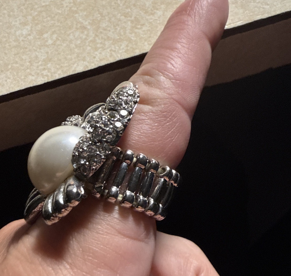 Silver Toned Crab Ring with Stretch Band and Rhinestone Accents