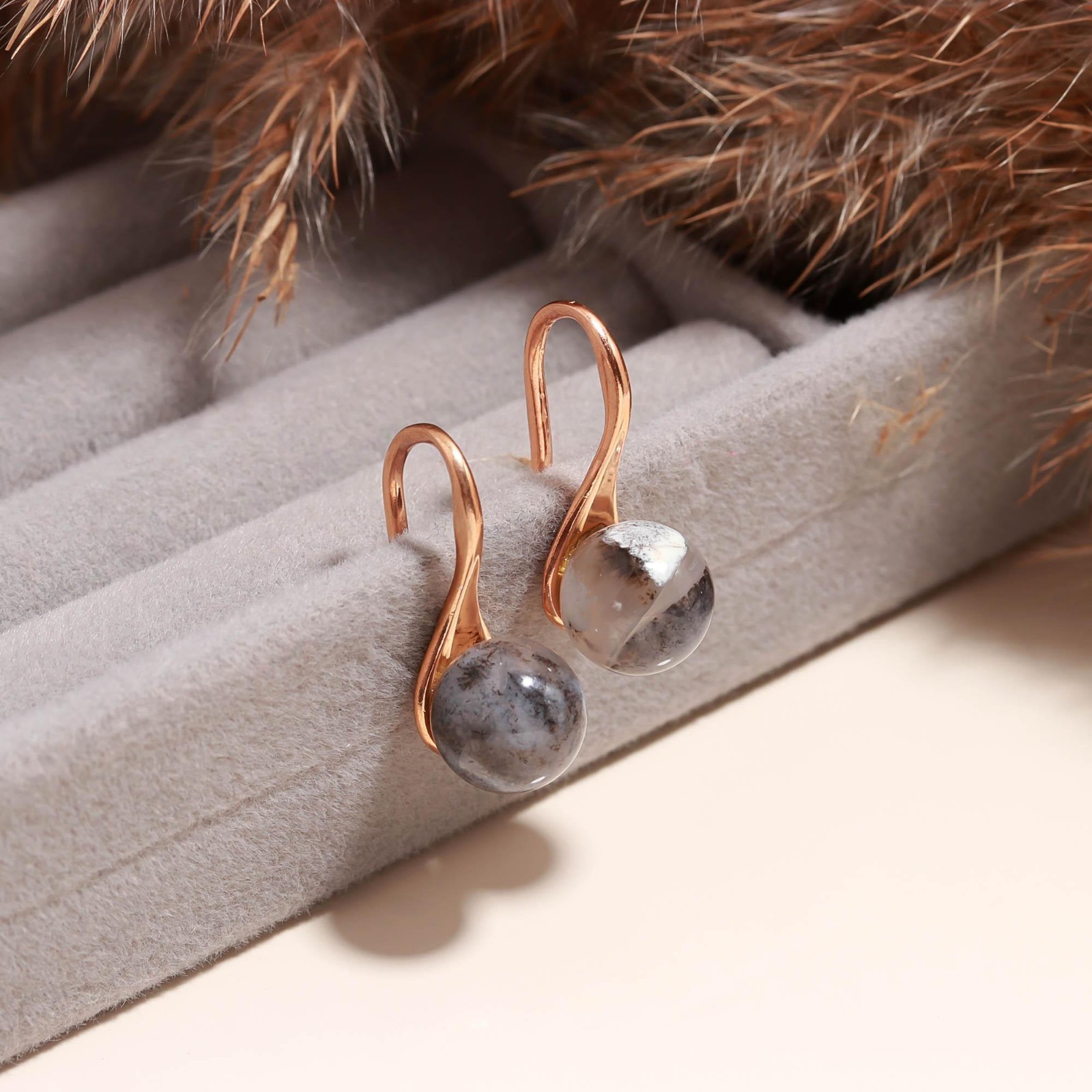Natural Dendrite Opal Ball Dangle Earrings Rose Gold Plated Solid Silver Jewelry