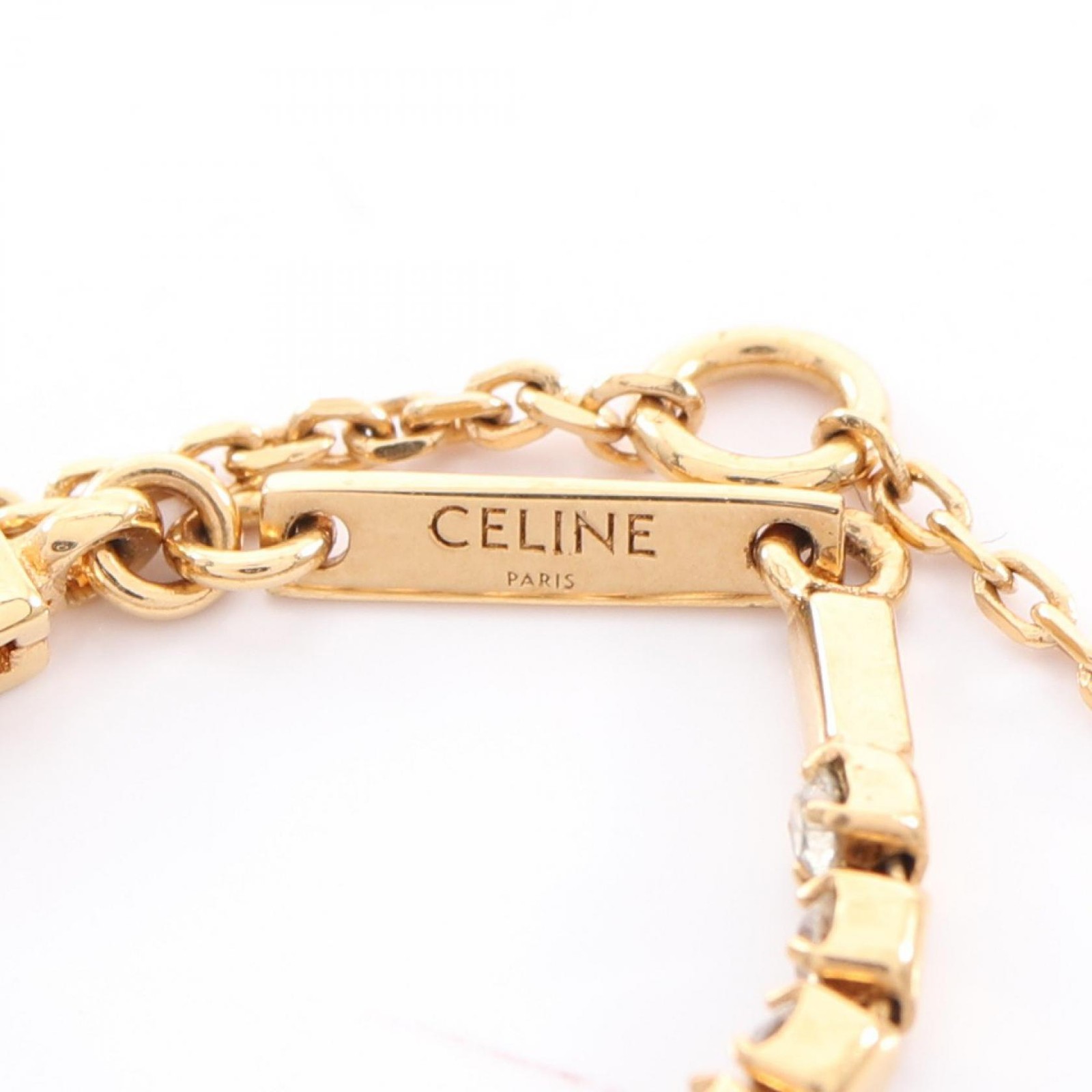 CELINE Triomphe Sparkle Necklace Gold Plated Rhinestone Used 36~42cm