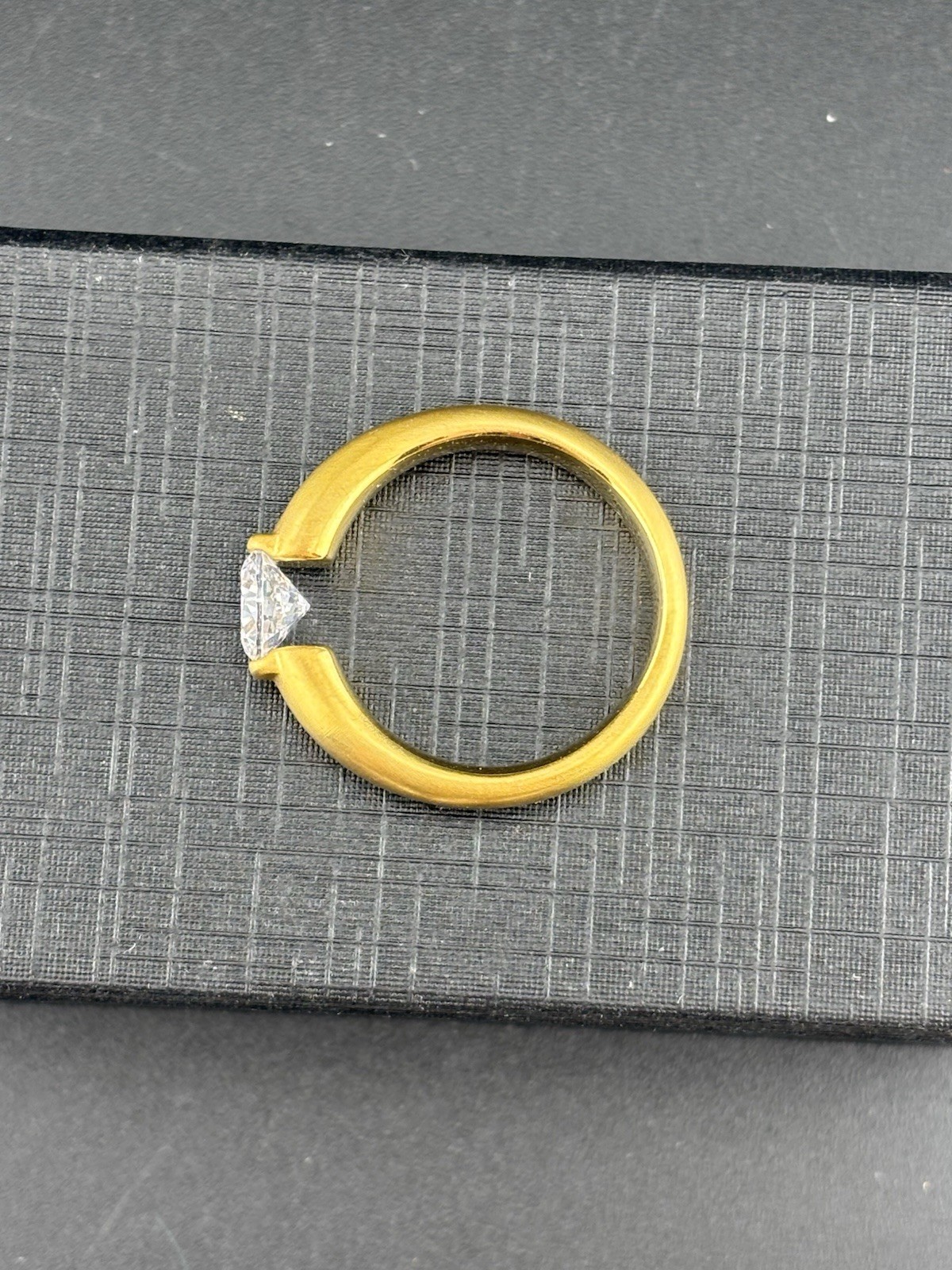 Tension Set Modern Brilliant Cut Glass Brushed Gold Tone Sparkle Ring Size 9.5