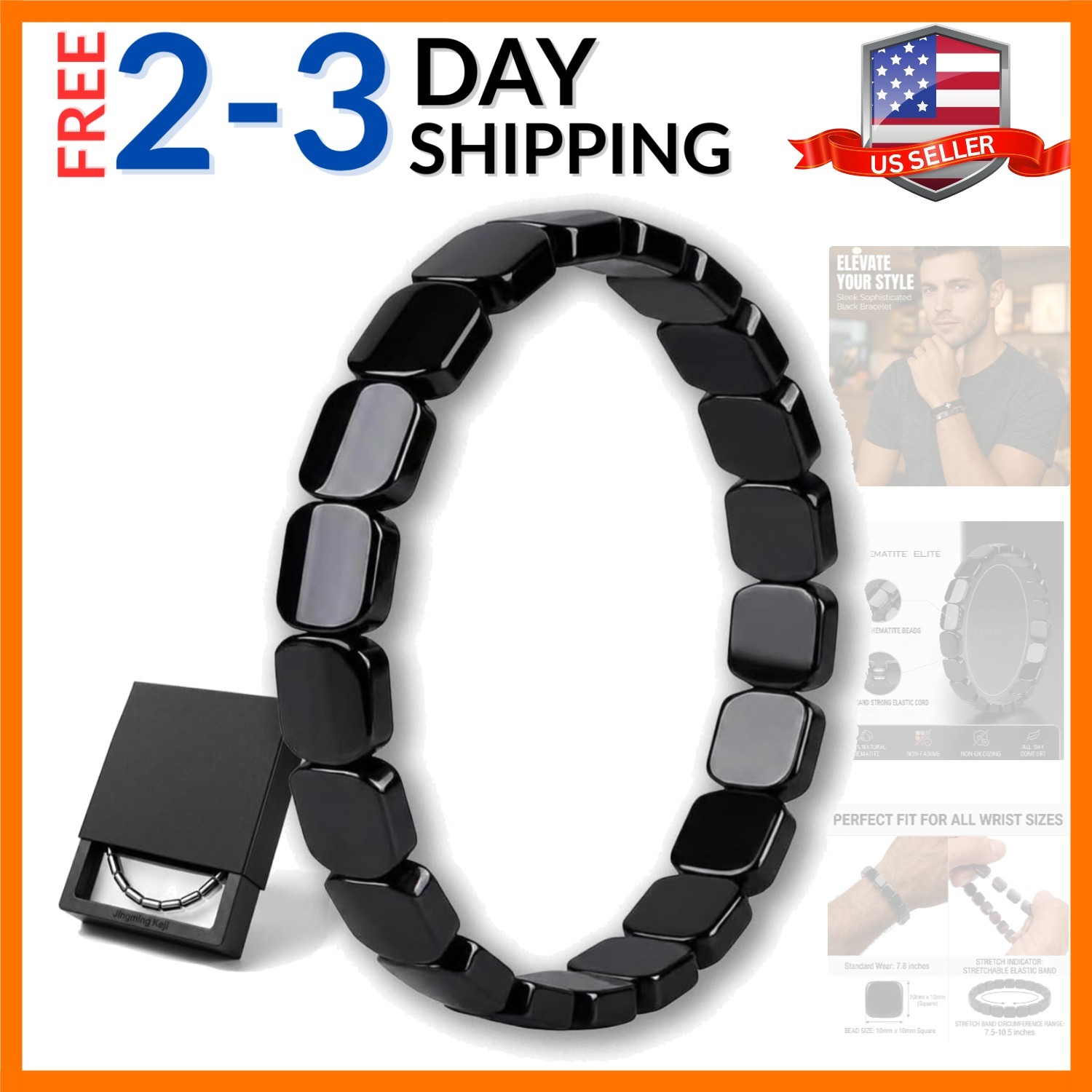 Mens Real Hematite Bracelet 7.8 inch – Natural Stone Square Beaded Black Jewe…