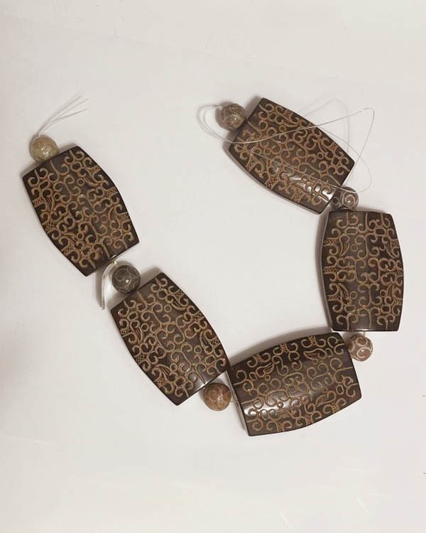 Brown Marble Stone Beaded Strand with Unique Carving Pattern