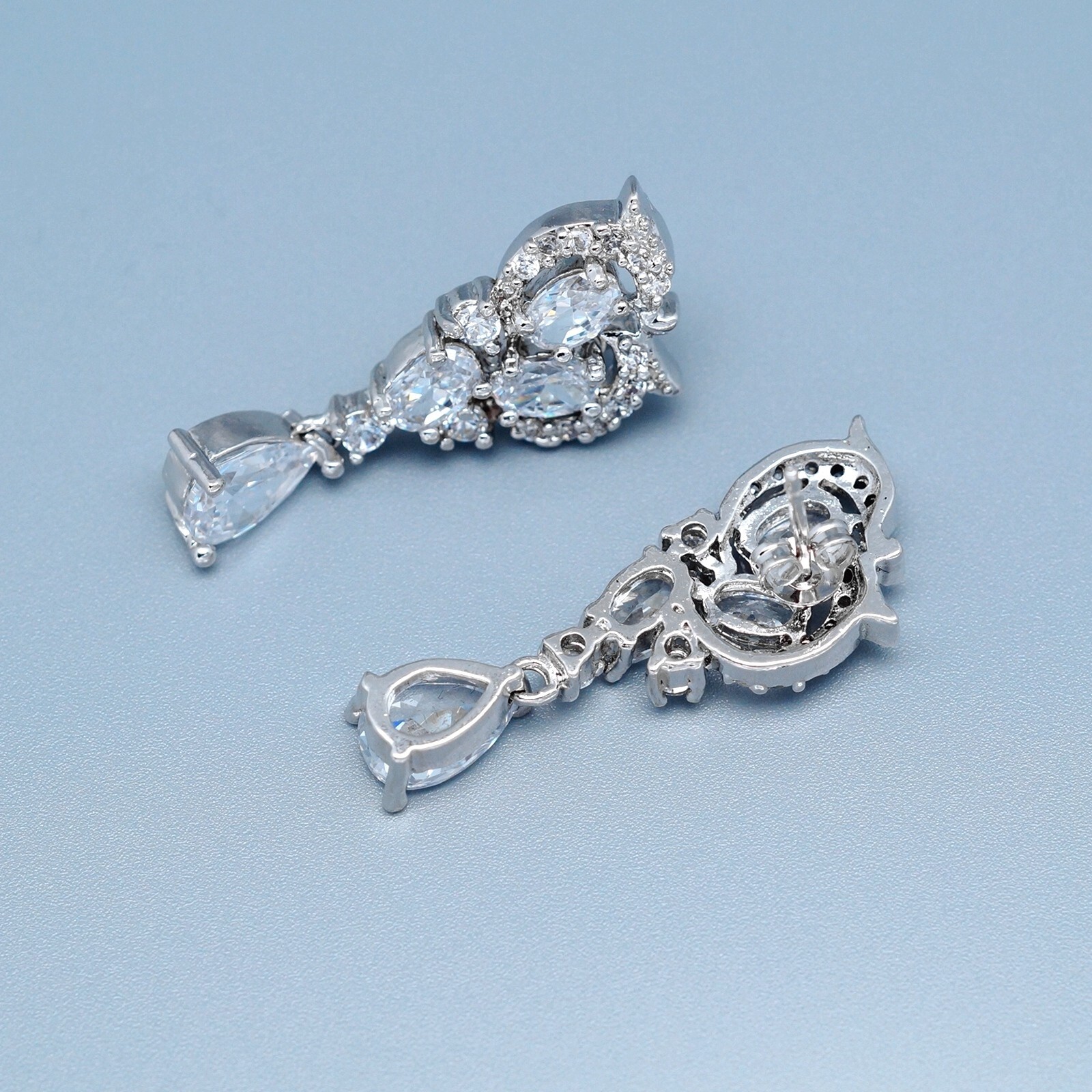 Women White Gold Plated Clear Cubic Zirconia Wedding Teardrop Dangle earrings 45