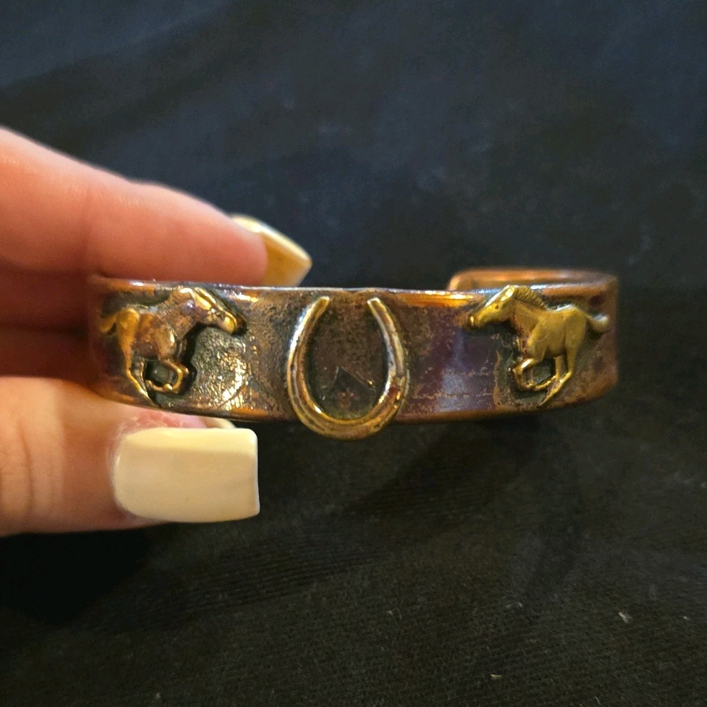 Real Copper Western Horseshoe Horse Motif Metal Cuff Bracelet Animal Theme