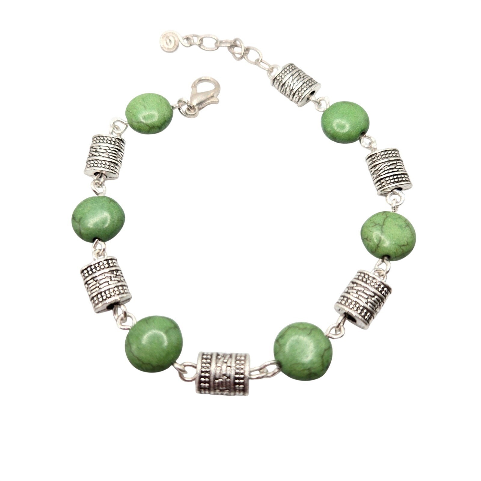 Handmade Boho Chic Bracelet Green Turquoise & Silver Barrel Link Art to Wear