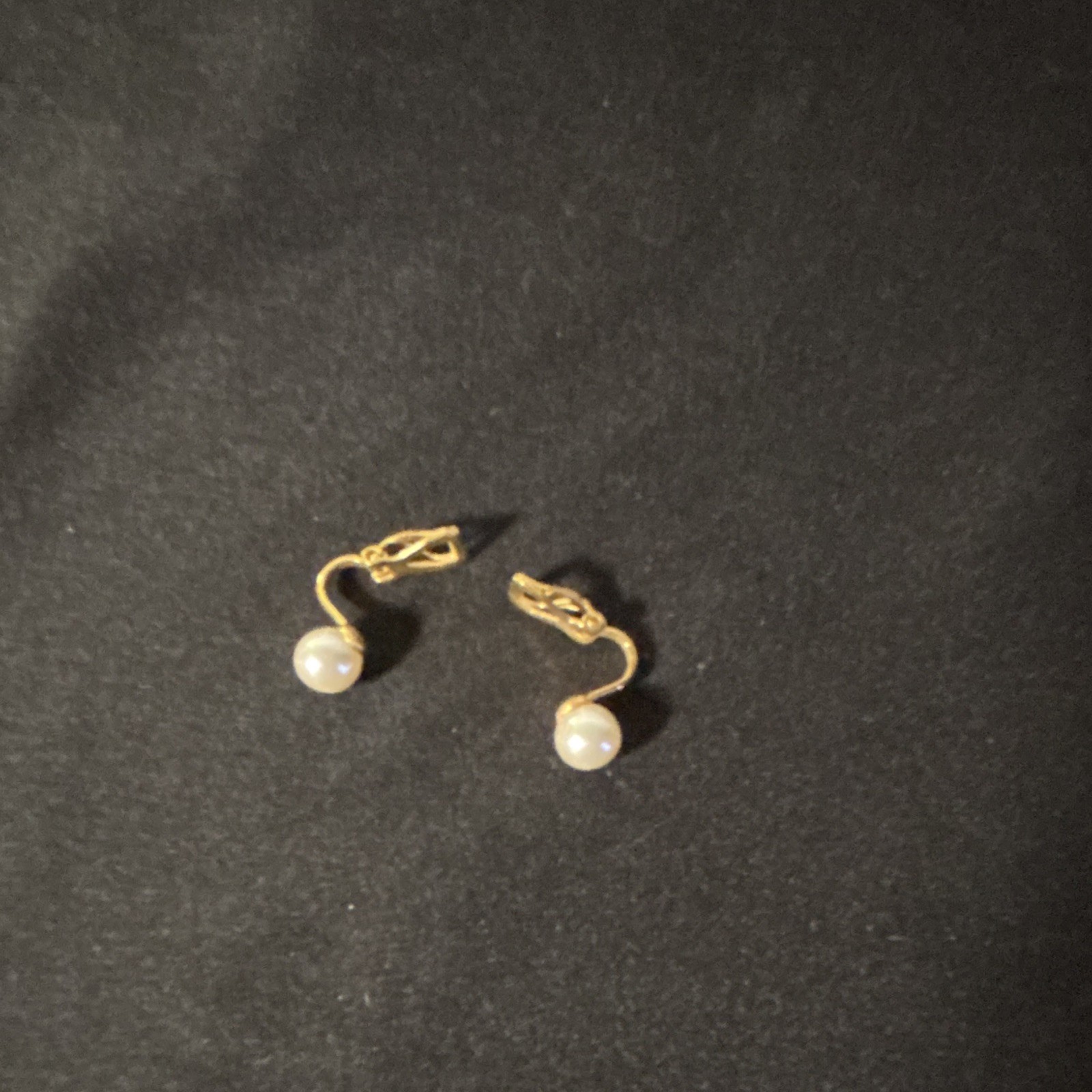 50’s-60’s Gold Tone Clip-On Dangle/Drop Earrings, White Round Pearl Drop Pair
