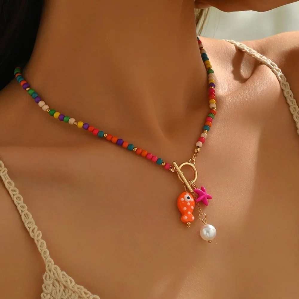 Boho Starfish beach Necklace Handmade Beaded Pearl Ceramic Fish Pendant Women