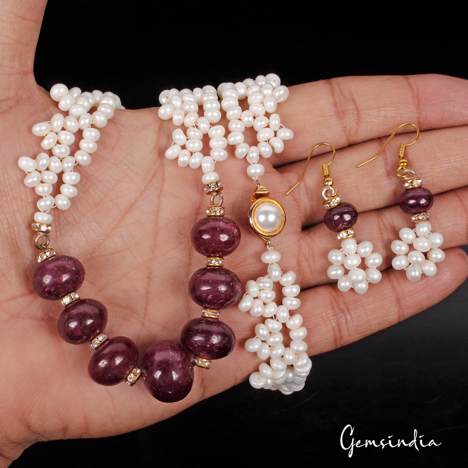 450 Ct Natural Freshwater Pearl & Ruby Beaded Handmade Necklace & Earrings 24″