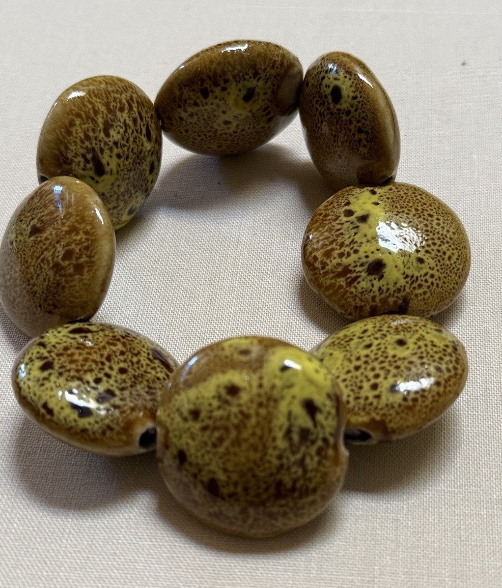 Vintage porcelain Beaded Stretch Bracelet Brown Yellow Round Beads No Closure
