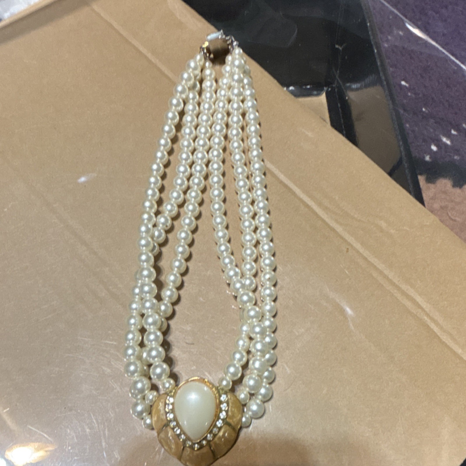 White Multi-Strand Faux Pearl Beaded Necklace Gold Tone Oval Rhinestone Charm