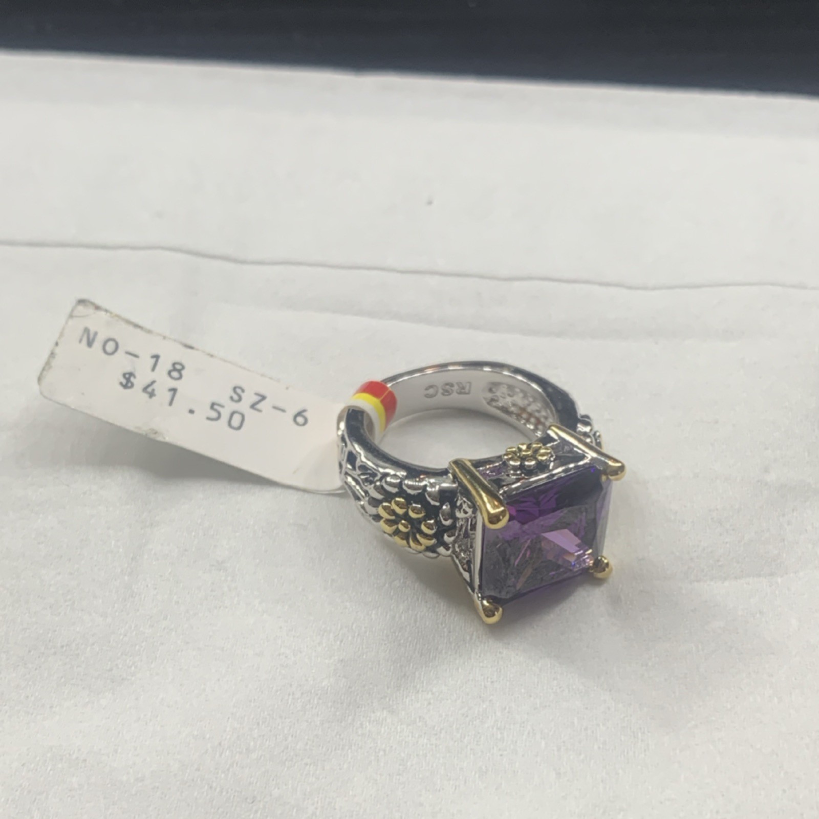 RSC Square Purple Stone Cocktail Ring Size 6 Silver Gold Prong Setting