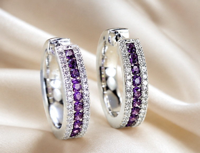 3.50Ct Round Cut Simulated Amethyst Wedding Hoop Earrings 14K White Gold Plated