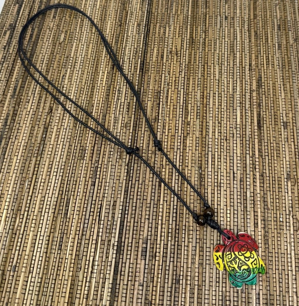 Handmade Turtle Pendant Necklace – Rasta (Hand-Painted), White, Brown – Taino