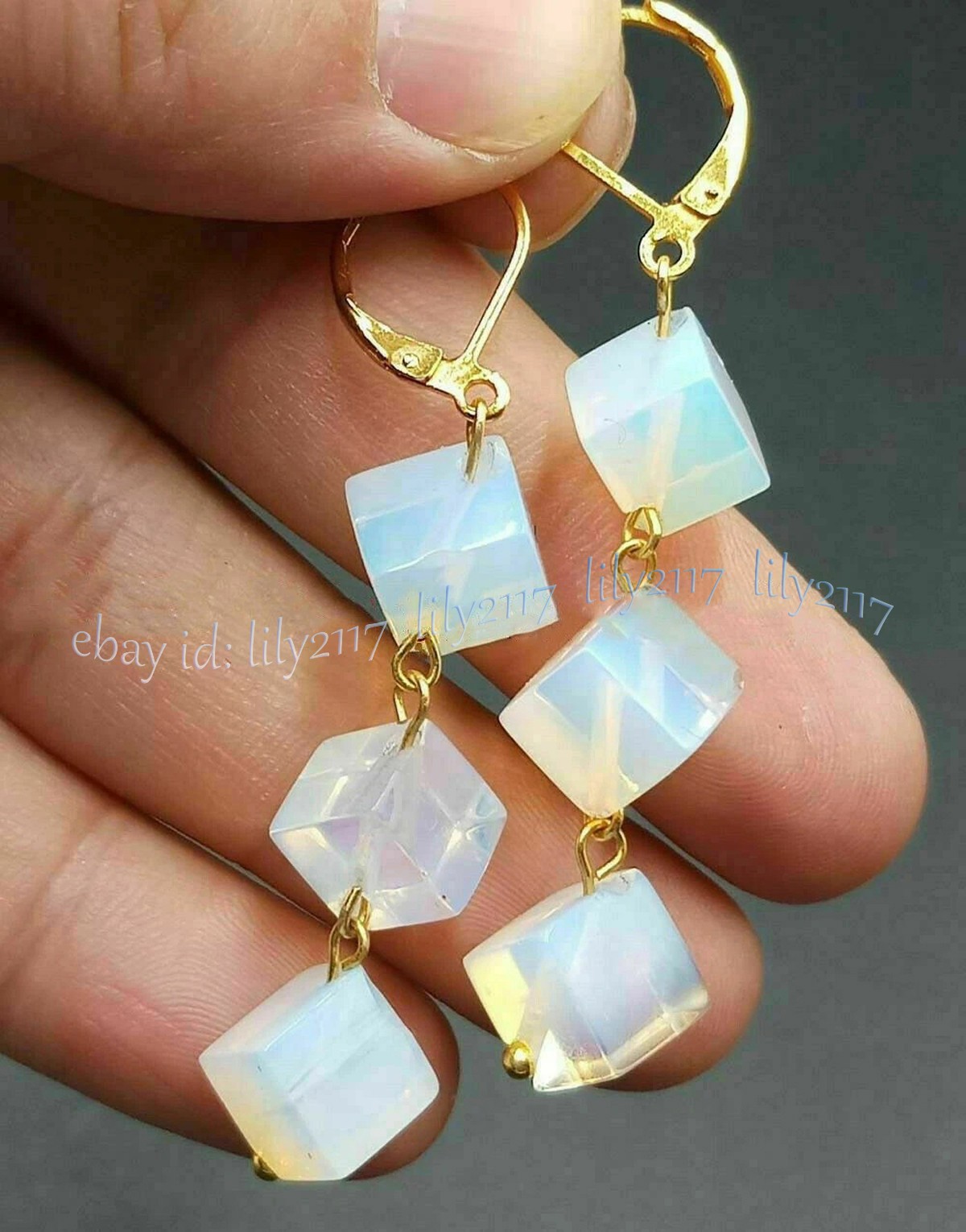 8x8mm Natural White Opal Opalite Cube Square Gemstone Beads Dangle Earrings