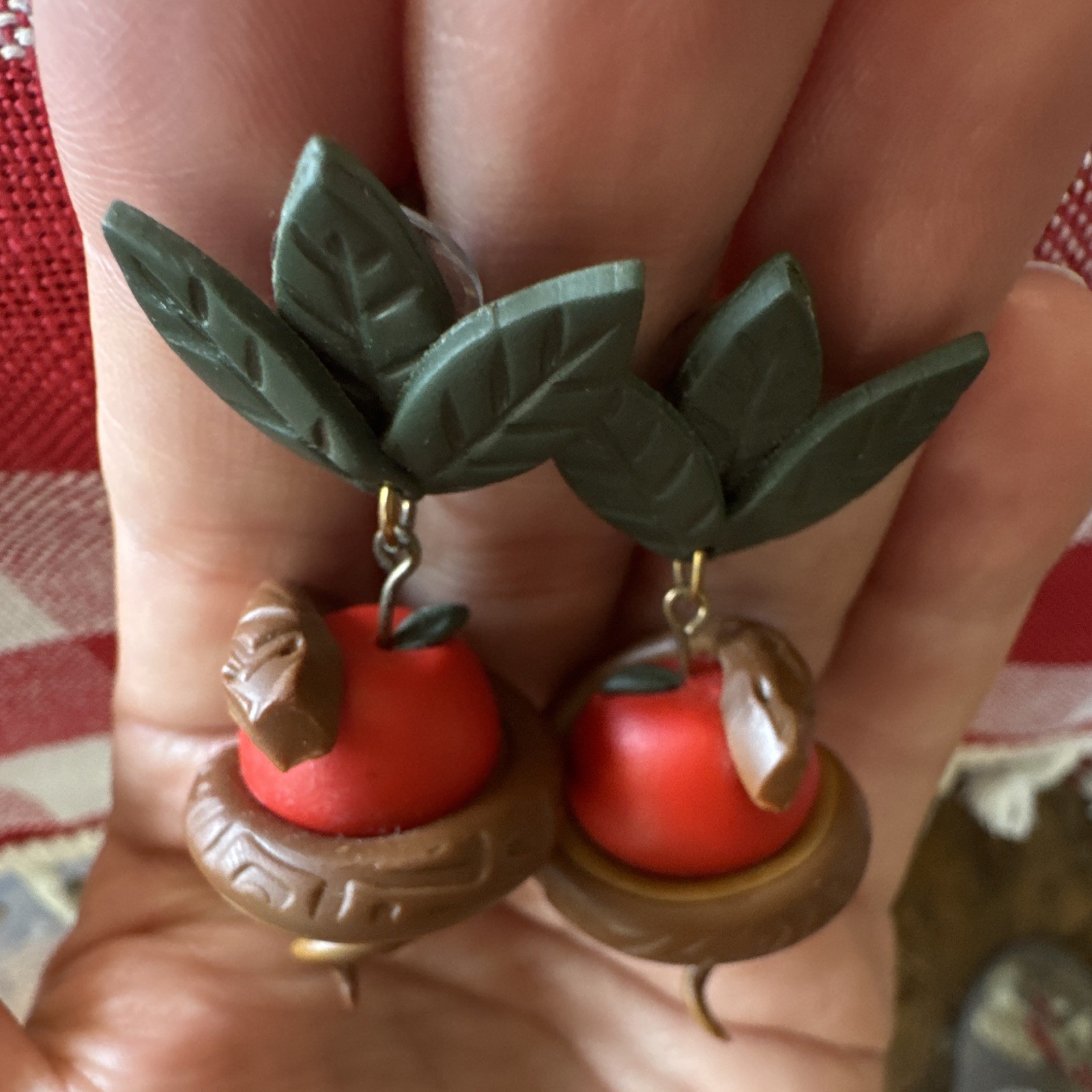 Clay Apple & Snake Dangle/Drop Stud Earrings, Butterfly Closure, No Stone