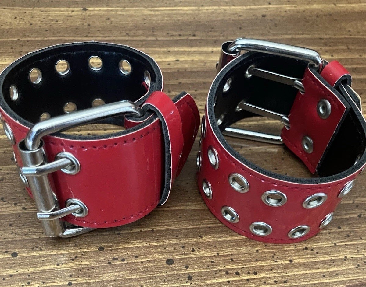 2 Pc Belt Style Bracelets Shiny Patent Faux Leather Steampunk Goth Band Gear