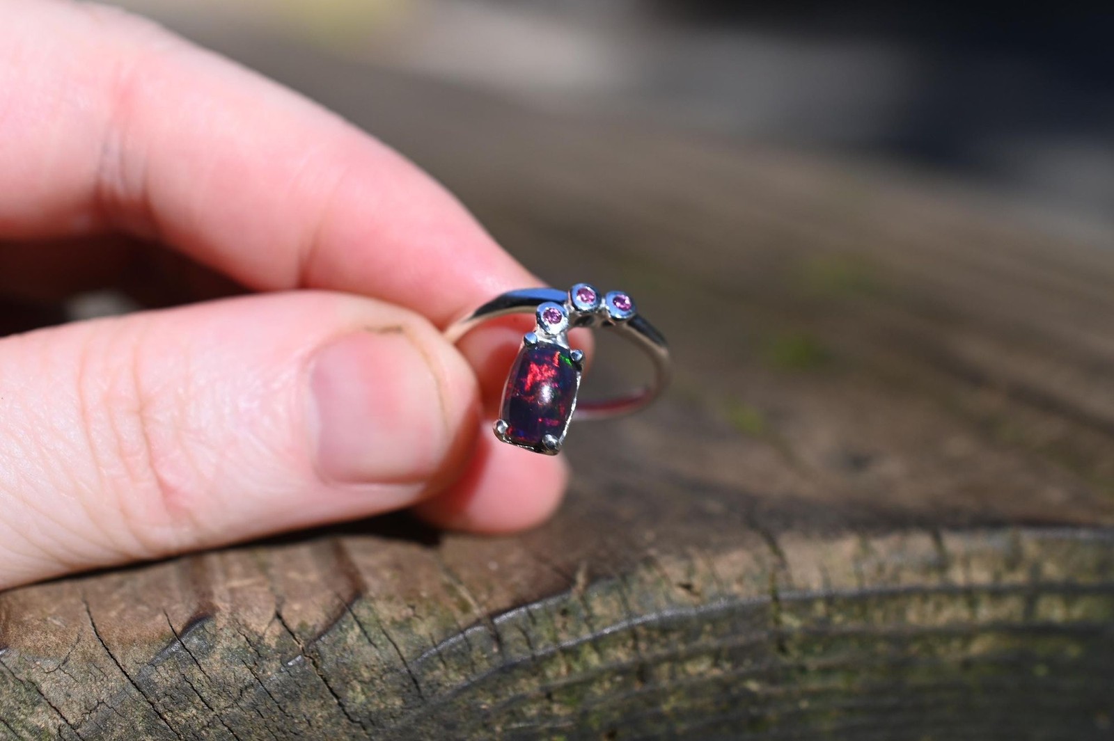 Black opal and garnet in sterling silver size 7, 7.35 7.5, 7.75, 8