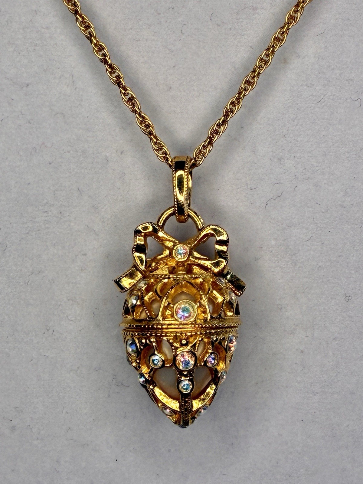 Joan Rivers Gold Fabergé Egg Pendant Clear Rhinestone Rope 30in Signed