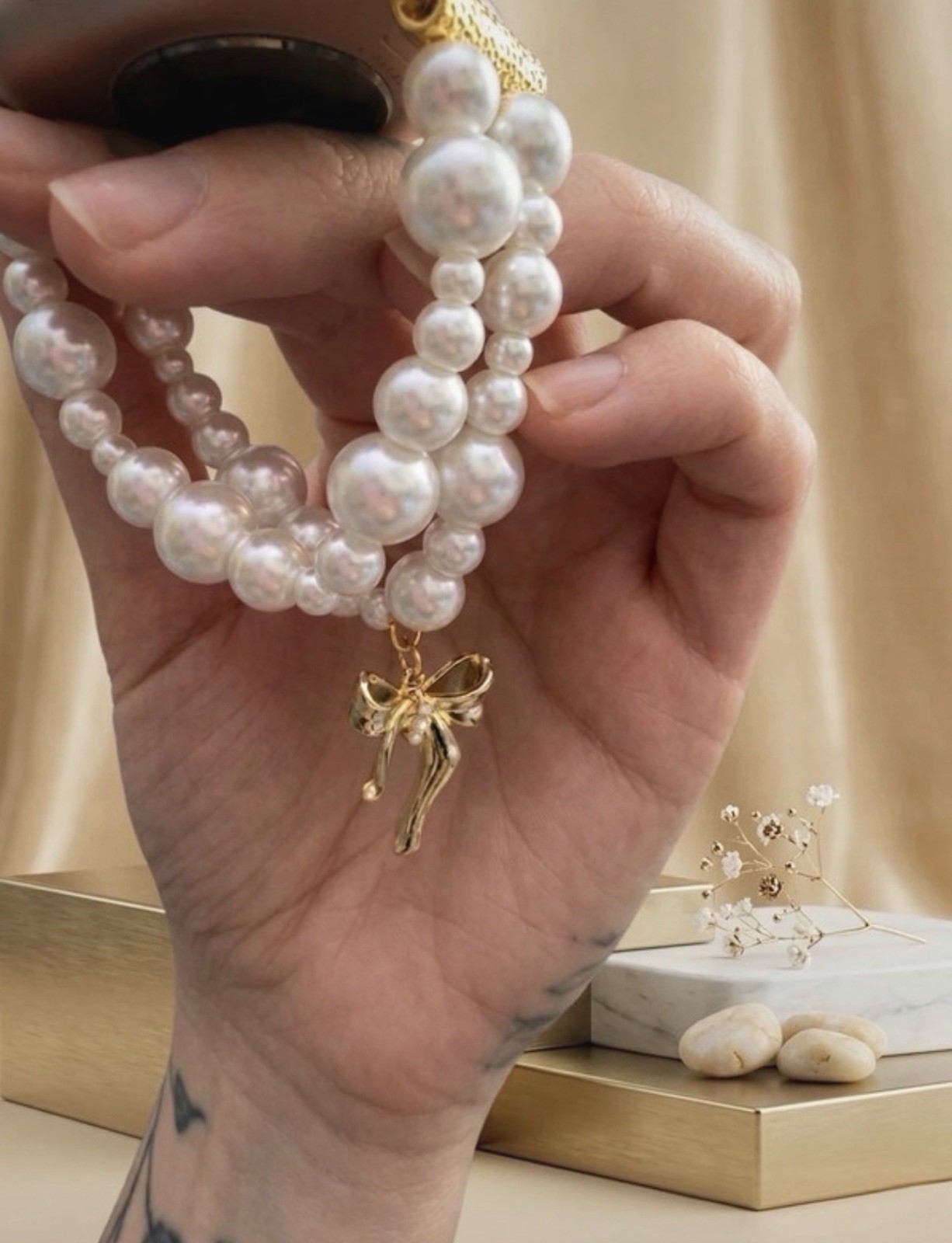 White Round Pearl Beaded Wrap Bracelet w/ Gold Bow Charm 38/40/41mm