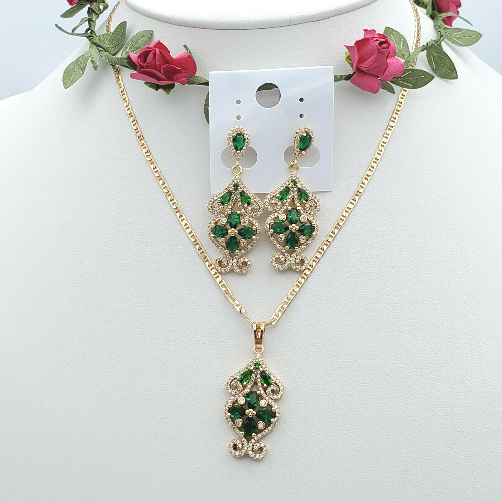 18K Gold Color Flower Green Emerald Crystals SET Necklace & Chandelier Earrings