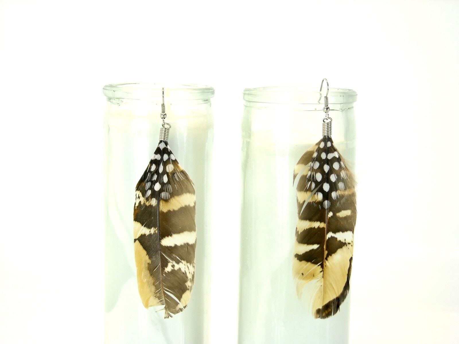 Handcrafted Genuine Real Feather Earrings. Brown, Black, White & Tan.