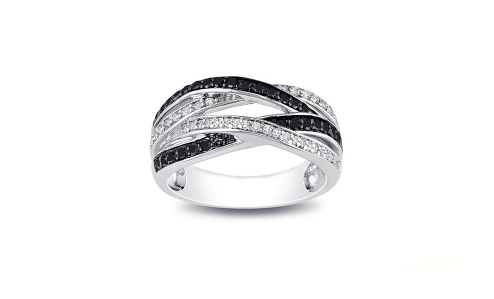 Black and White Cubic Zirconia Crossover Band Ring In 18K White Gold Plating