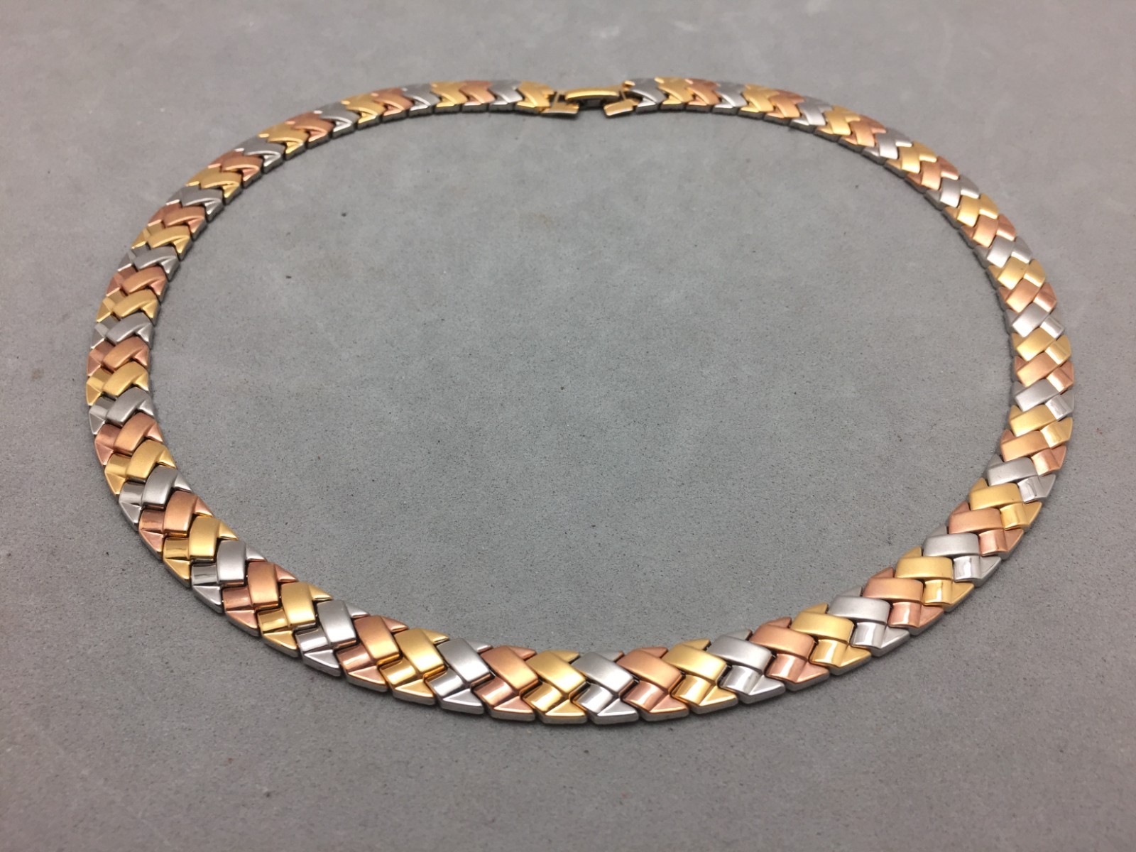JCM Tri-color Gold Silver Rose Gold Collar Necklace Woven 18″ Stainless Steel .5