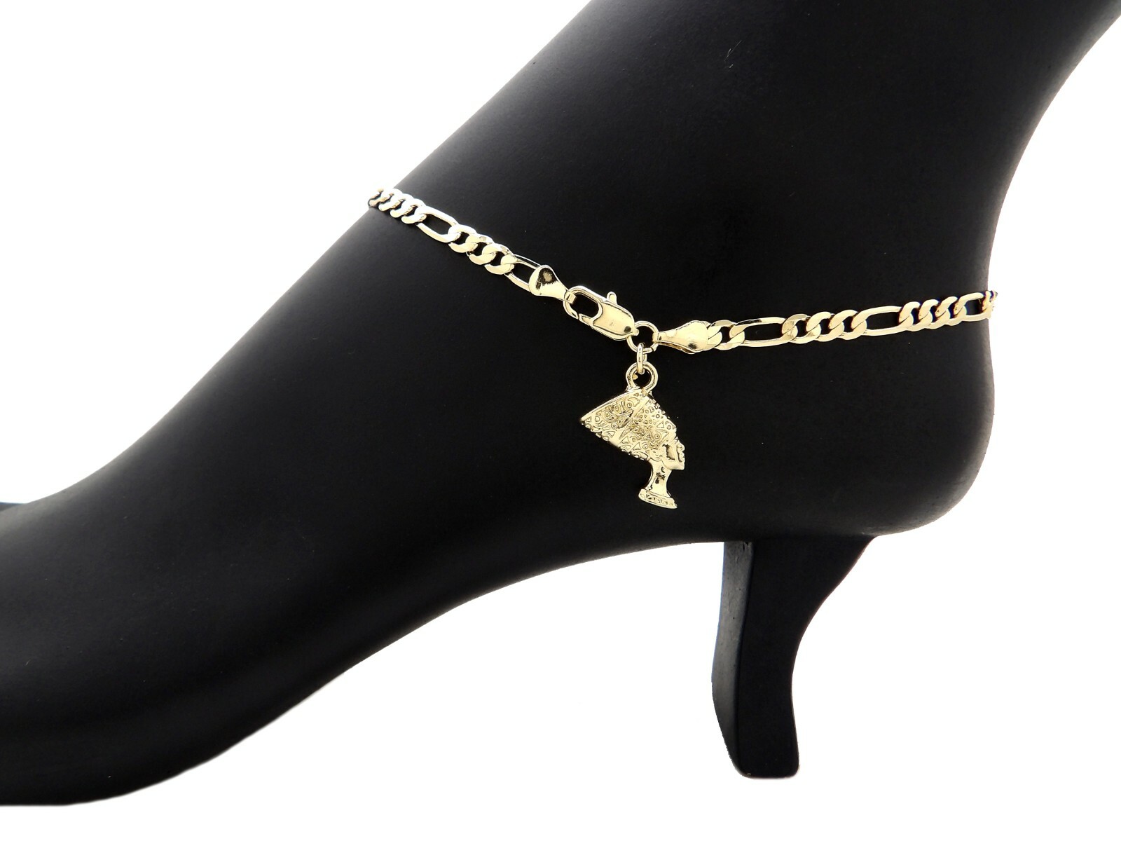 4mm 10″ FIGARO CHAIN QUEEN NEFERTITI CHARM ANKLE ANKLET BRACELET