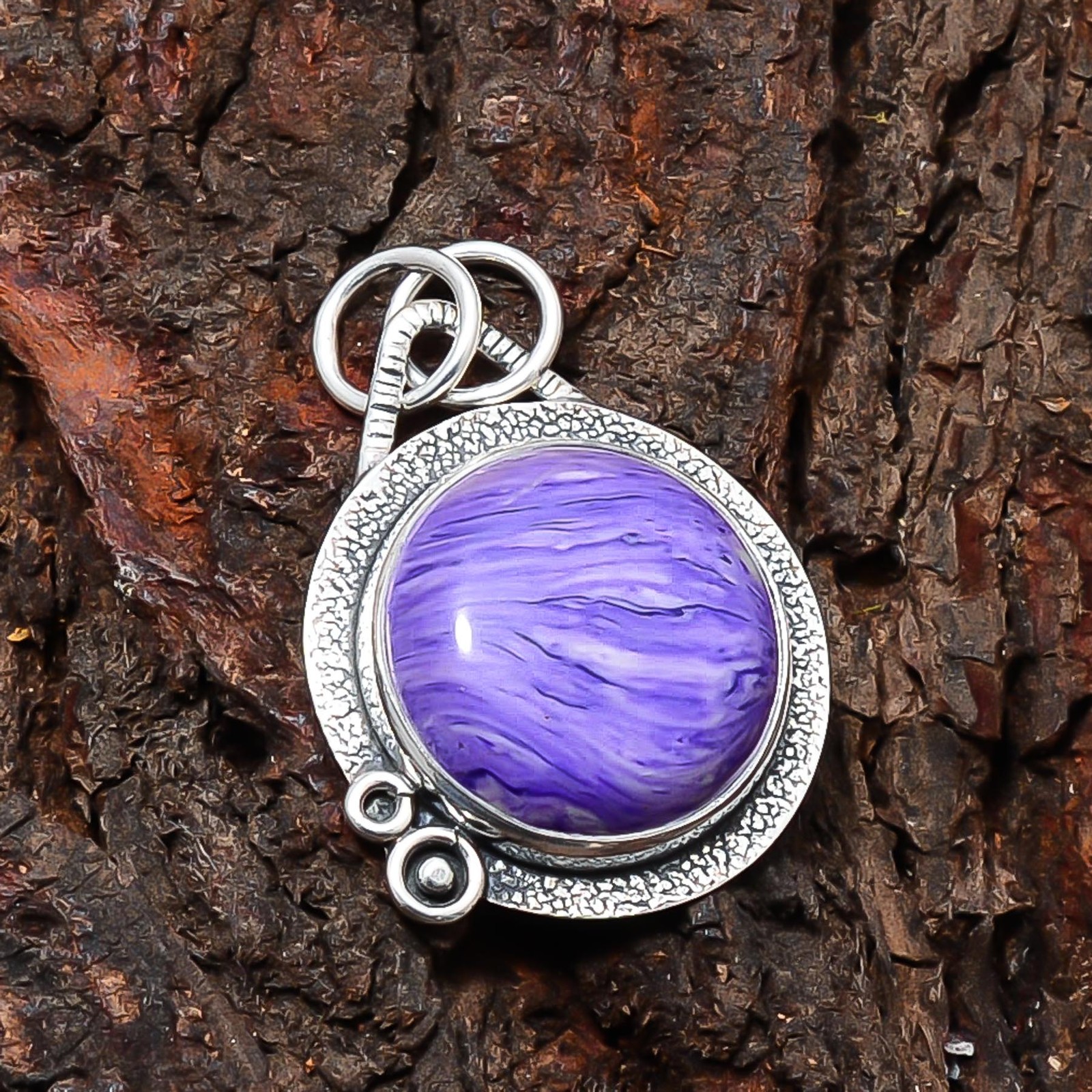 Purple Charoite Designer Handmade 925 Sterling Silver Pendant 1.4″ P1088012416
