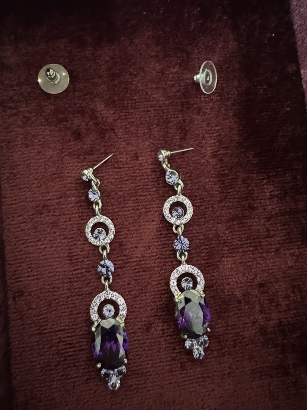 Silver Tone Purple Simulated Crystal Rhinestone Dangle Earrings 3in Butterfly