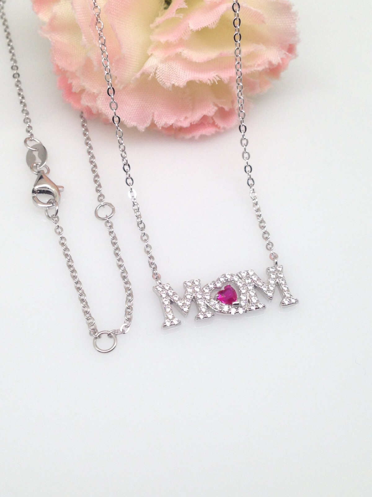 925 Sterling Silver CZ Pink Heart Mom Script Pendant Necklace 20mm 17.25″