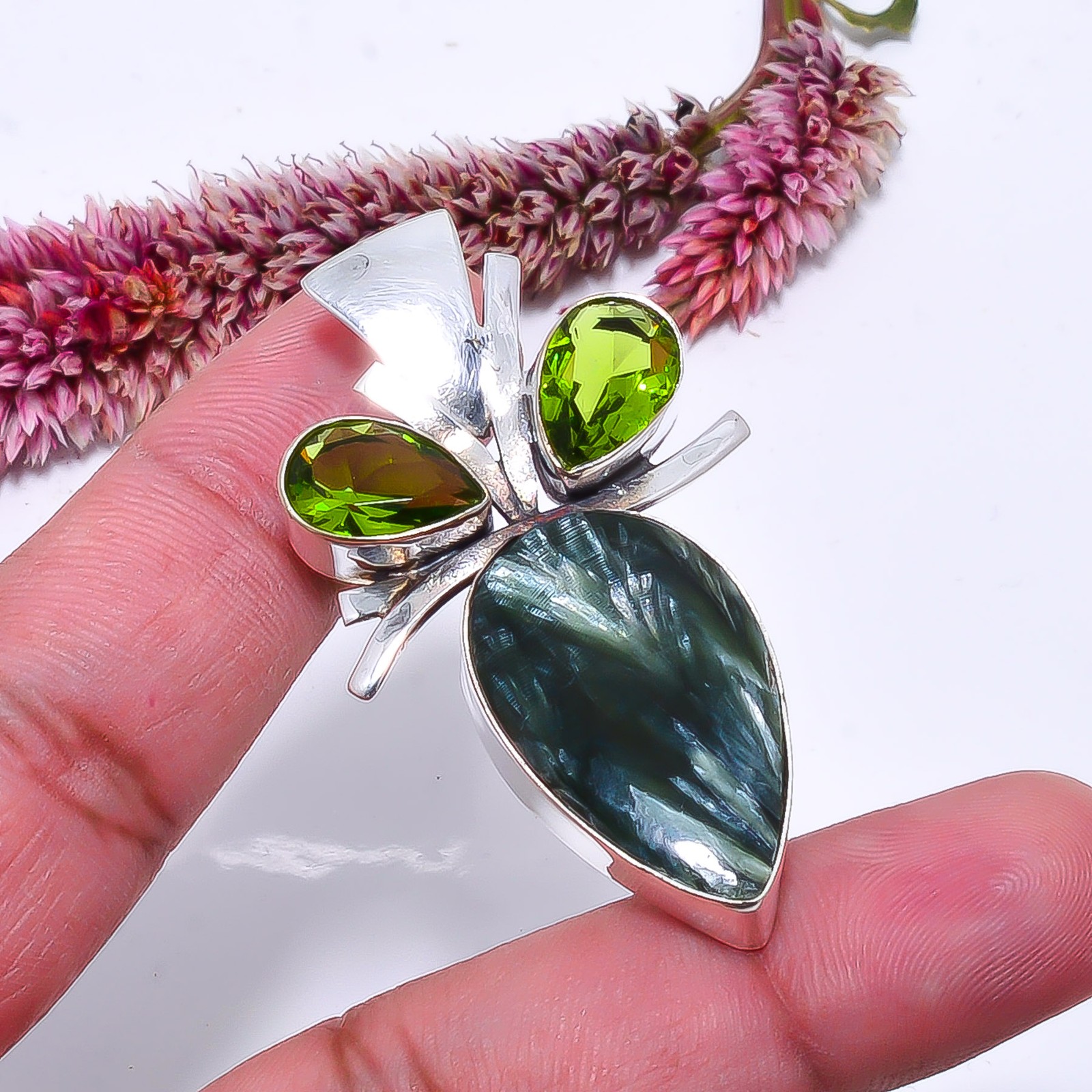 Seraphinite – Russia & Peridot Handmade 925 Sterling Silver Pendant 2.03″ P21