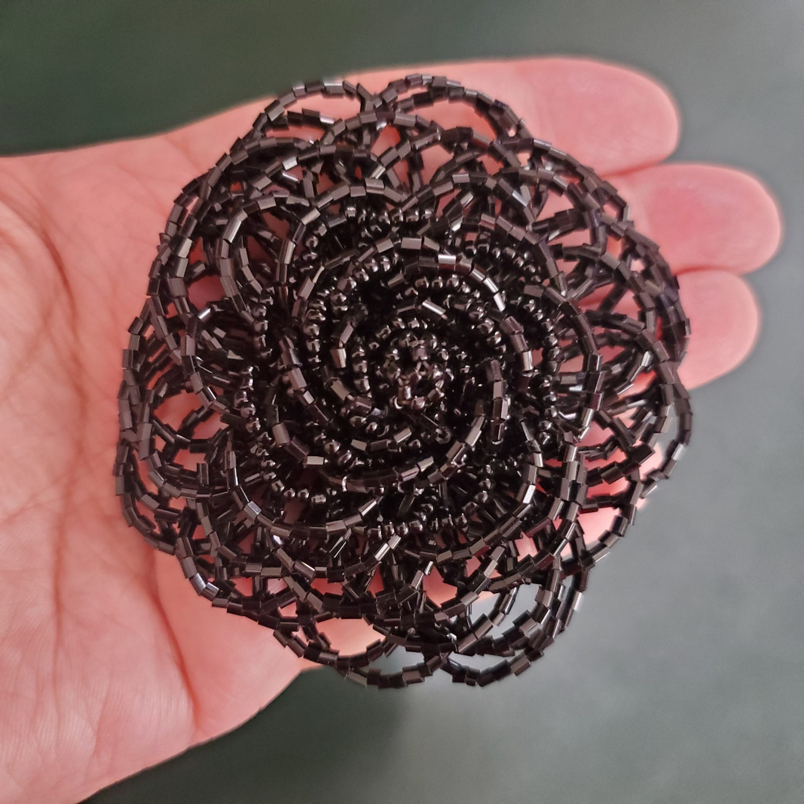 Large Flower Brooch Pin Black Faceted Seed Bead Cluster Rosette 3 Inches Across