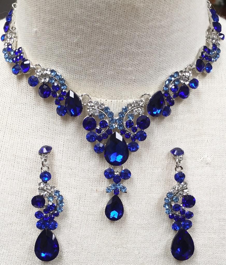 Crystal Statement Necklace Earrings Set Sapphire Blue bib Rhinestone princess