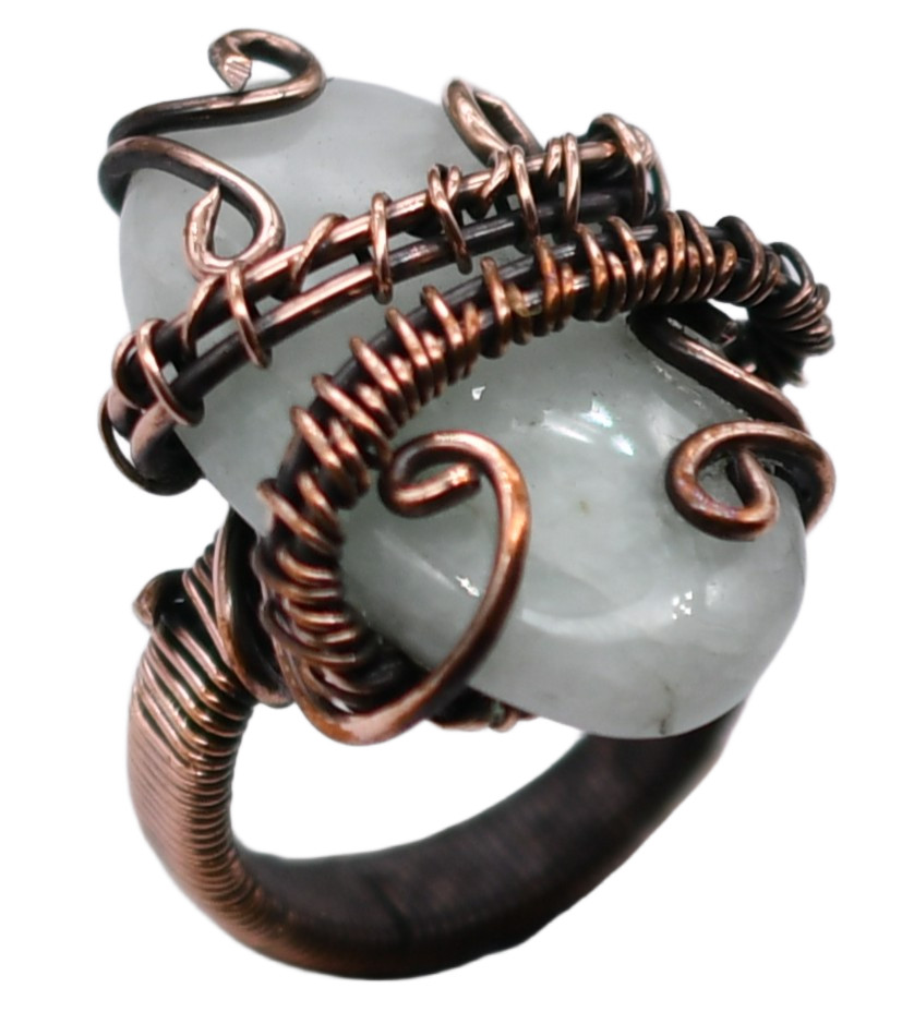 Moonstone Natural Gemstone Copper Wire-Wrapped Ring US Size-5.25 A276